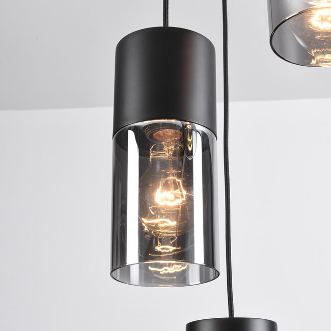 Industrielle Pendelleuchte schwarz mit Rauchglas, 5-flammig - Cortado