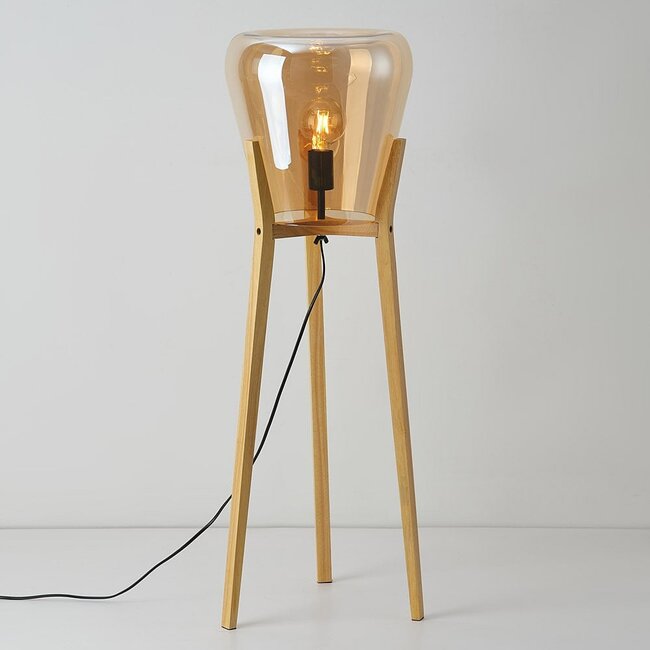 Stehlampe Ditta aus Holz mit Amberglas
