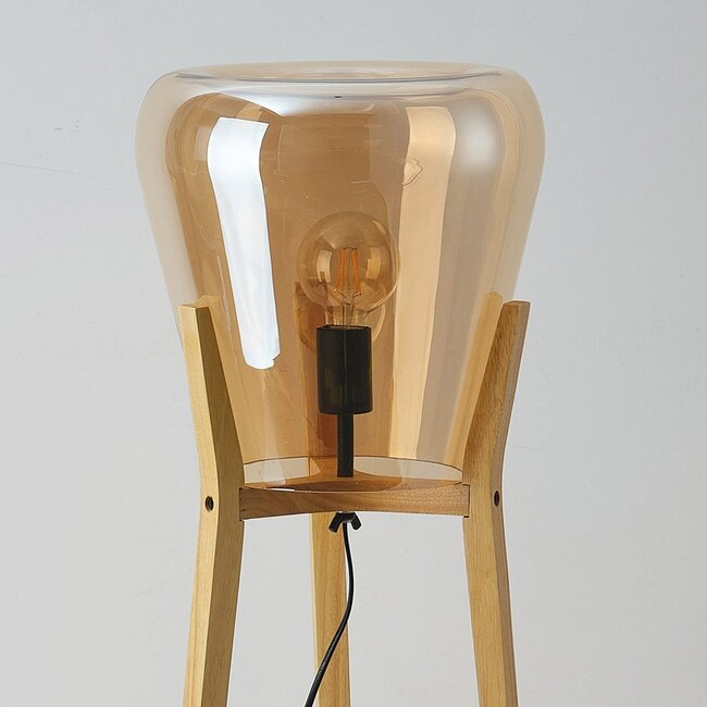 Stehlampe Ditta aus Holz mit Amberglas