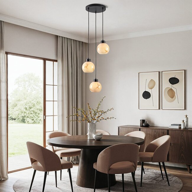 3-Licht-Pendelleuchte mattschwarz mit Marmoroptik - Marmore