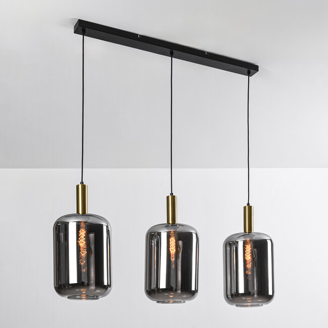 3-flammige Hängelampe Teto - Schwarz, Gold und Rauchglas