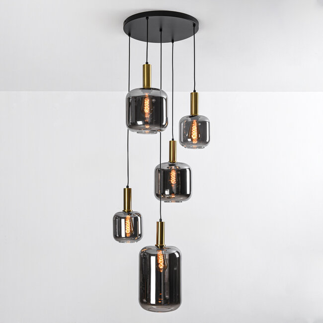 Design- Pendelleuchte schwarz mit Rauchglas und goldenen Details, 5-flammig - Cinque