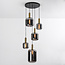 Design- Pendelleuchte schwarz mit Rauchglas und goldenen Details, 5-flammig - Cinque