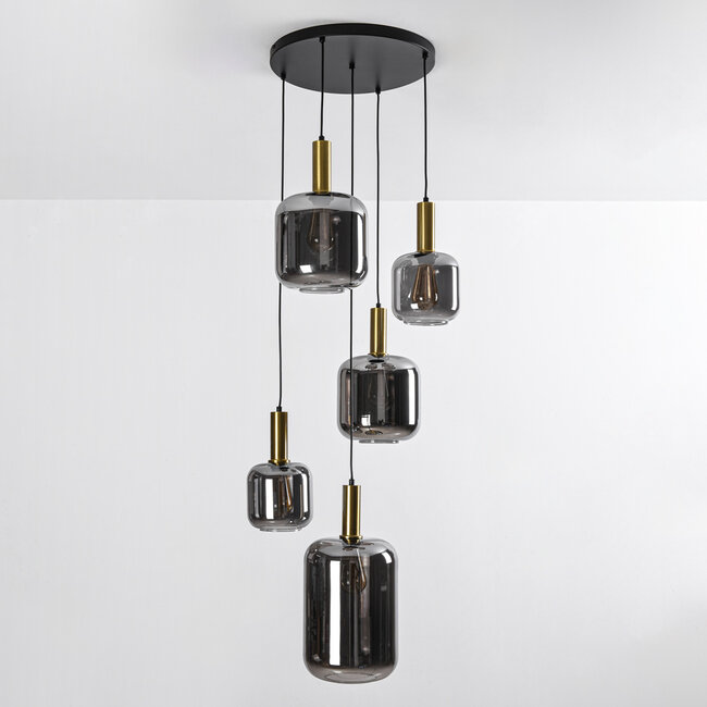 Design- Pendelleuchte schwarz mit Rauchglas und goldenen Details, 5-flammig - Cinque