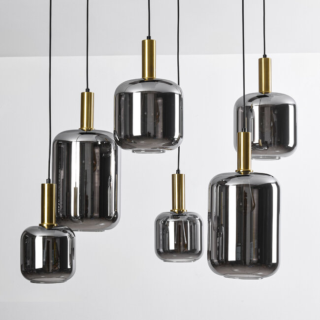 Moderne Pendelleuchte schwarz und gold mit Rauchglas, 6-flammig - Sei