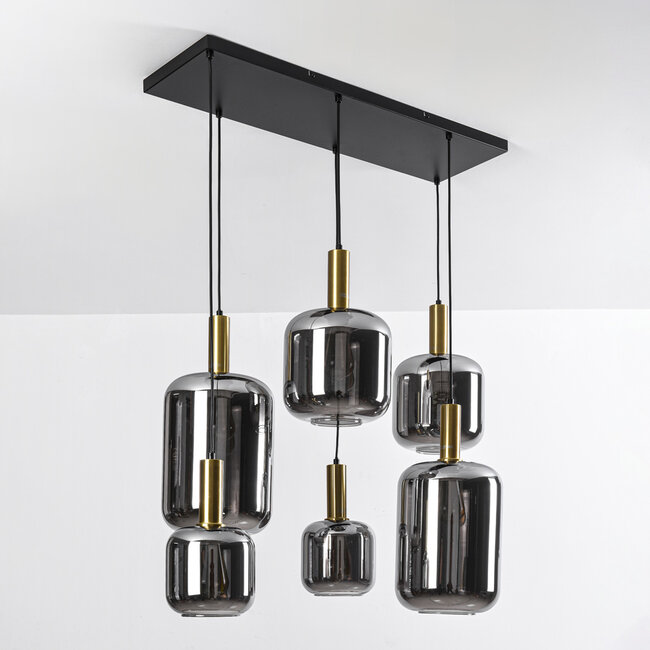 Moderne Pendelleuchte schwarz und gold mit Rauchglas, 6-flammig - Sei