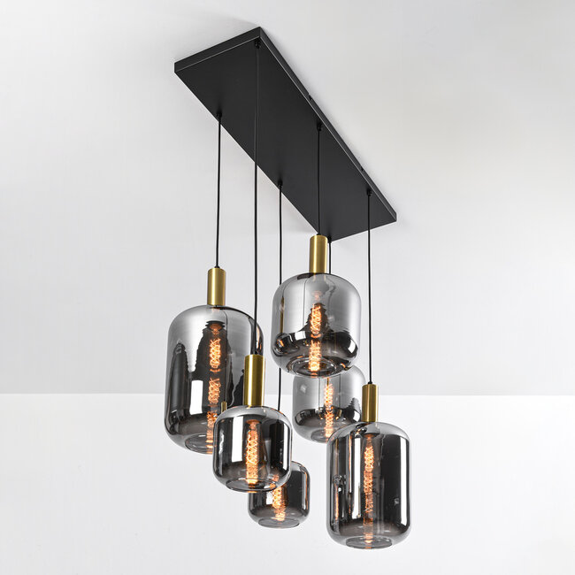 Moderne Pendelleuchte schwarz und gold mit Rauchglas, 6-flammig - Sei