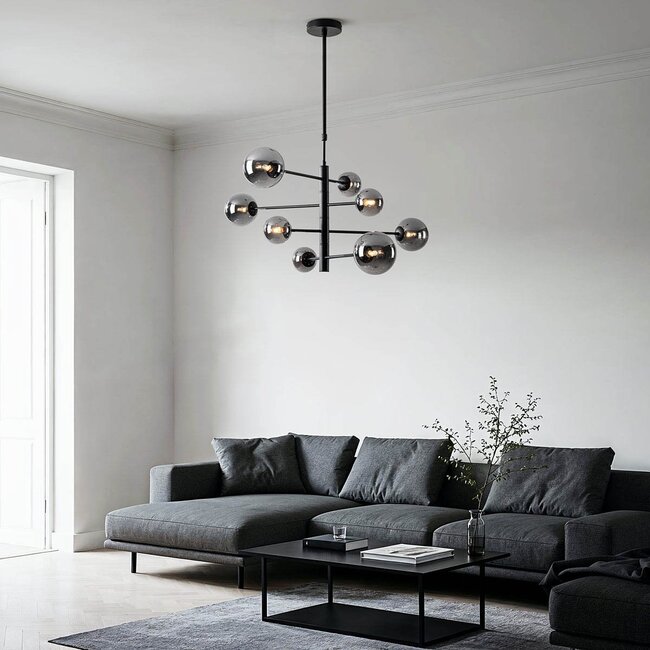 8-flammige Deckenlampe Oito - Schwarz und Rauchglas