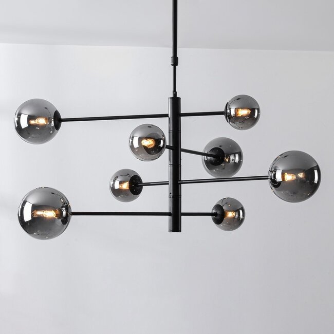 8-flammige Deckenlampe Oito - Schwarz und Rauchglas