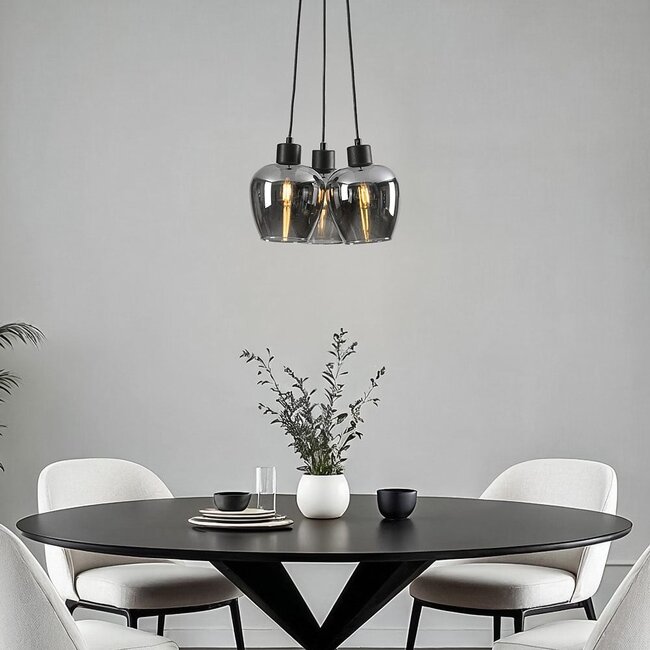 Design schwarze Pendelleuchte Ventura mit Rauchglas, 3-flammig
