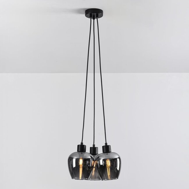 Design schwarze Pendelleuchte Ventura mit Rauchglas, 3-flammig