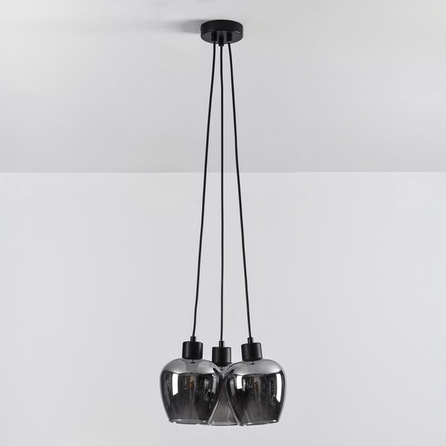 Design schwarze Pendelleuchte Ventura mit Rauchglas, 3-flammig