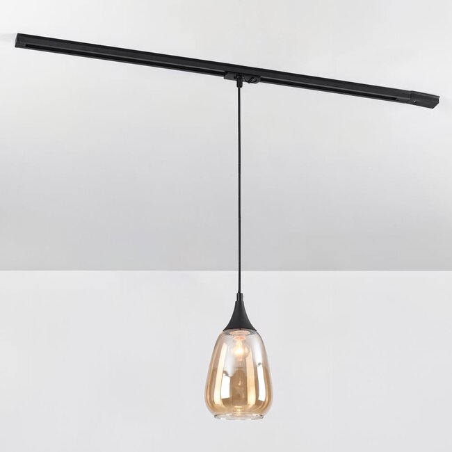 Pendelleuchte für 1-Phasen-Schiene Noi mit tropfenförmigem Amberglas