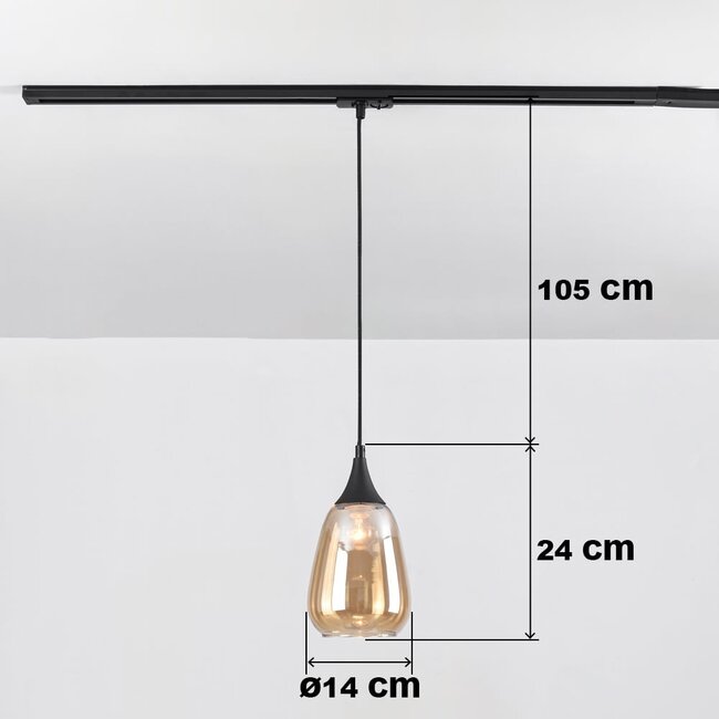 Pendelleuchte für 1-Phasen-Schiene Noi mit tropfenförmigem Amberglas