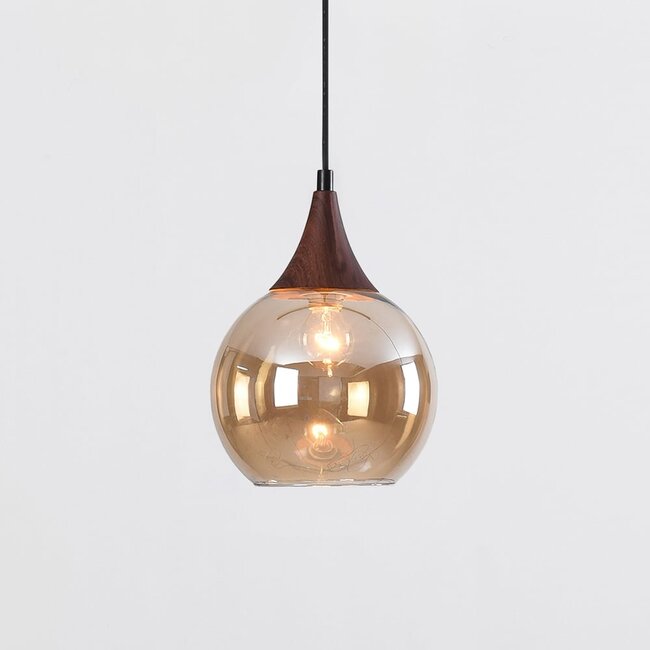 1-Phasen-Pendelleuchte Nya mit amber Glas und dunkler Holzoptik - rund