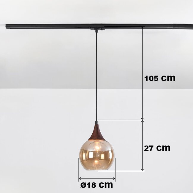 Pendelleuchte für 1-Phasen-Schiene Nya mit rundem Amberglas und dunkler Holzoptik