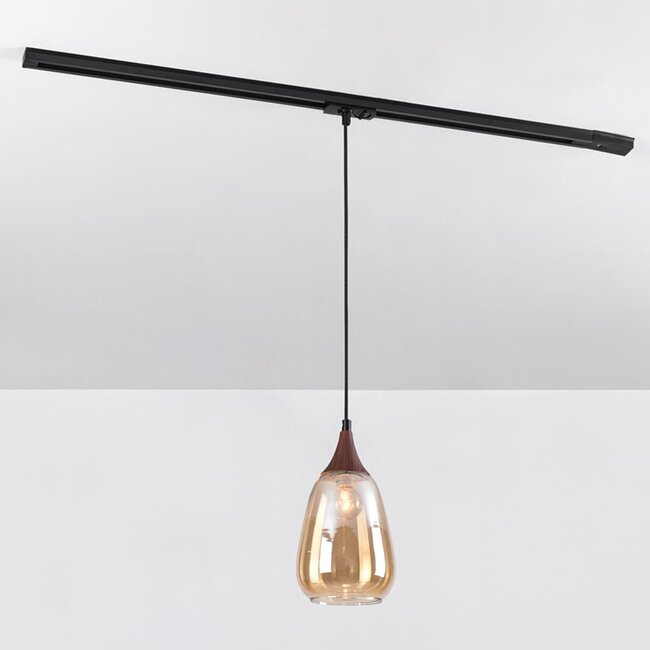 Pendelleuchte für 1-Phasen-Schiene Noi mit tropfenförmigem Amberglas und dunkler Holzoptik