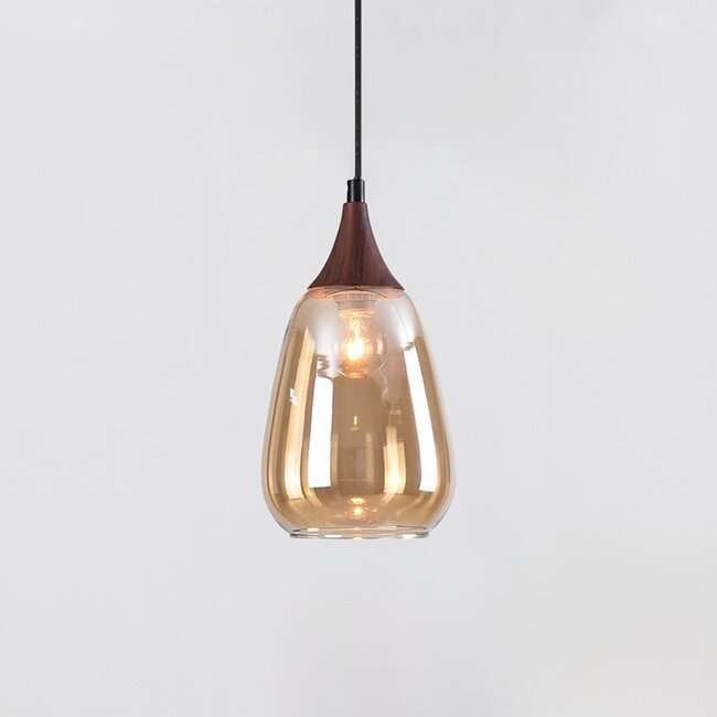 1-Phasen-Pendelleuchte Noi mit amber Glas und dunkler Holzoptik - Tropfenform