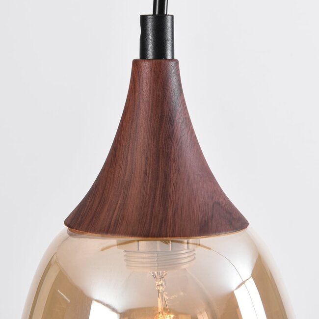 1-Phasen-Pendelleuchte Noi mit amber Glas und dunkler Holzoptik - Tropfenform