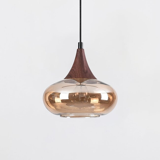 Pendelleuchte für 1-Phasen-Schiene Nill mit breitem Amberglas und dunkler Holzoptik