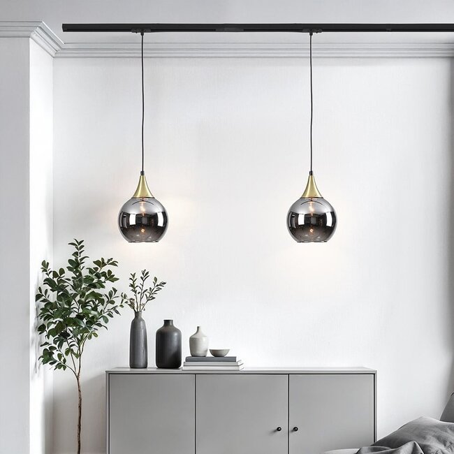 Pendelleuchte für 1-Phasen-Schiene Nya gold mit rundem Rauchglas und Spiegeleffekt