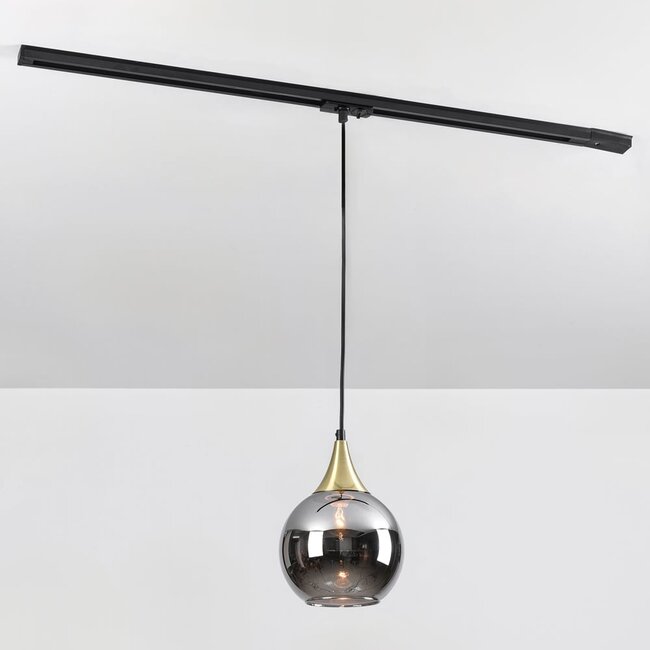 Pendelleuchte für 1-Phasen-Schiene Nya gold mit rundem Rauchglas und Spiegeleffekt