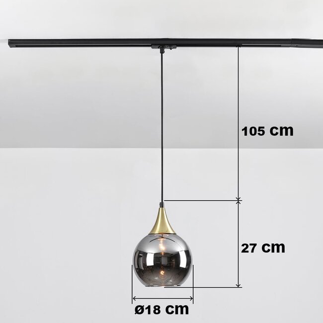 Pendelleuchte für 1-Phasen-Schiene Nya gold mit rundem Rauchglas und Spiegeleffekt