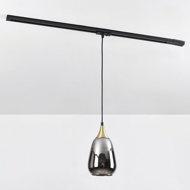 Pendelleuchte für 1-Phasen-Schiene Noi gold mit tropfenförmigem Rauchglas und Spiegeleffekt