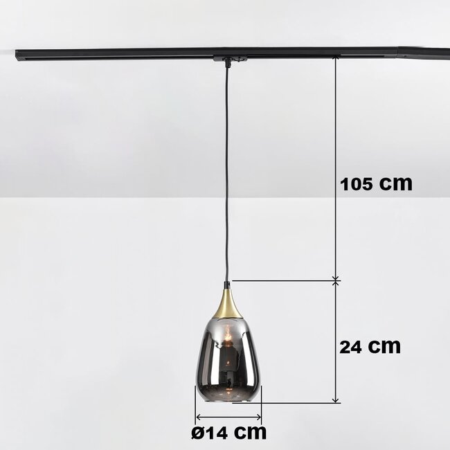 Pendelleuchte für 1-Phasen-Schiene Noi gold mit tropfenförmigem Rauchglas und Spiegeleffekt