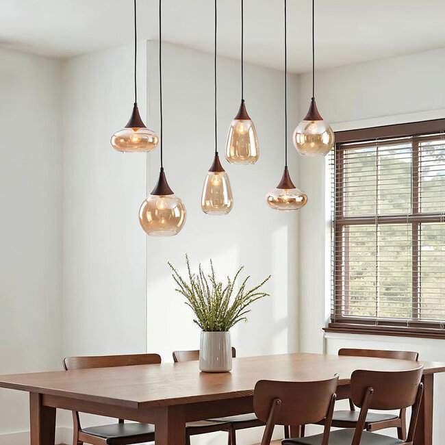 Pendelleuchte mit amber Glas und dunkler Holzoptik, 6-flammig - Loic
