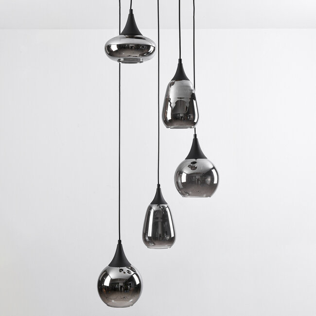 Schwarze Pendelleuchte Loua mit Rauchglas, 5-flammig