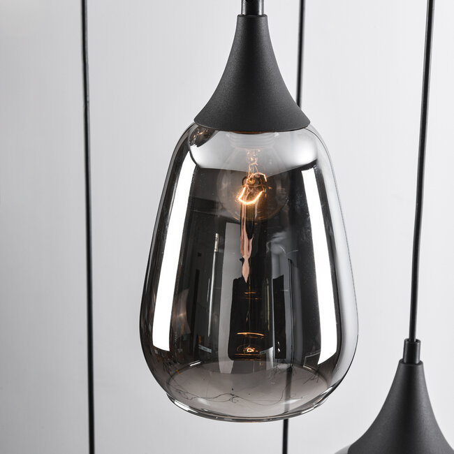 Schwarze Pendelleuchte Loua mit Rauchglas, 5-flammig