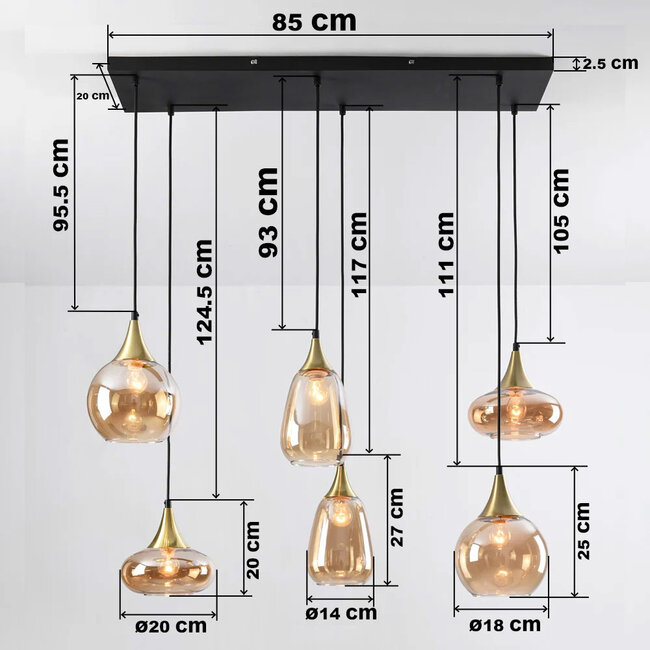 Pendelleuchte gold mit amber Glas, 6-flammig - Loic