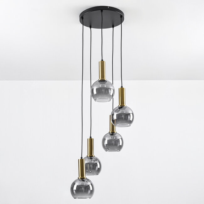 Design-Pendelleuchte Imme gold mit Rauchglas, 5-flammig