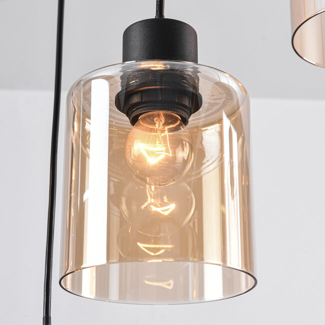 Schwarze Pendelleuchte Palaio mit amber Glas, 6-flammig