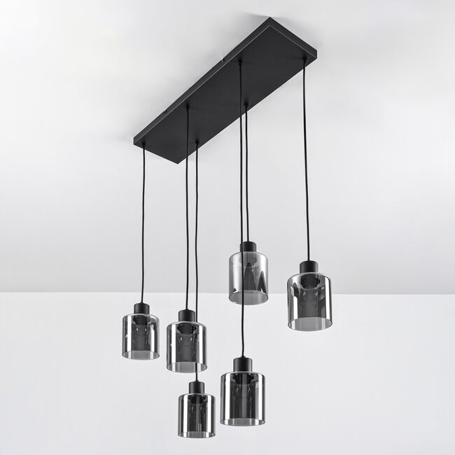 Schwarze Pendelleuchte Palaio mit Rauchglas, 6-flammig