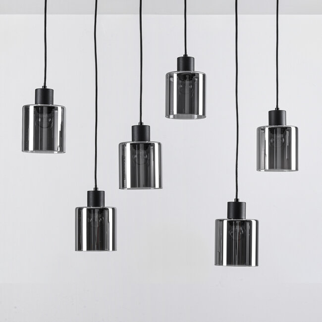 Schwarze Pendelleuchte Palaio mit Rauchglas, 6-flammig