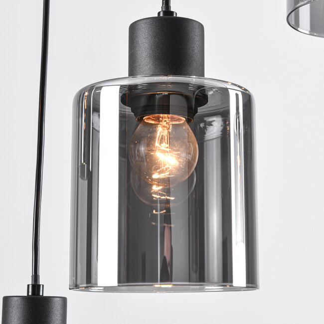 Schwarze Pendelleuchte Palaio mit Rauchglas, 6-flammig