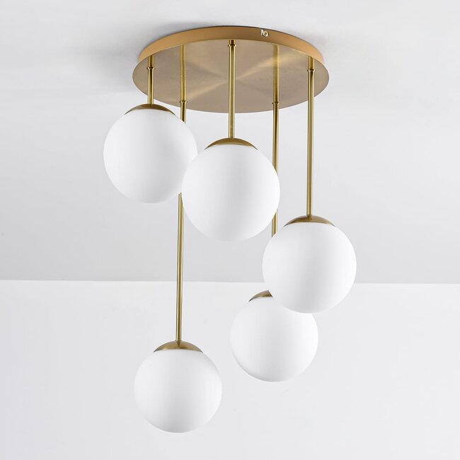 Runde Deckenleuchte Gold mit Milchglas, 5-flammig - Carat