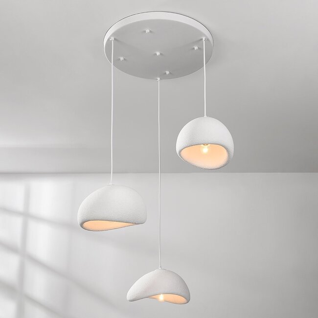 3-flammige Wabi Sabi Pendelleuchte Ishi mit weißem Steineffekt - 3 x 30 cm