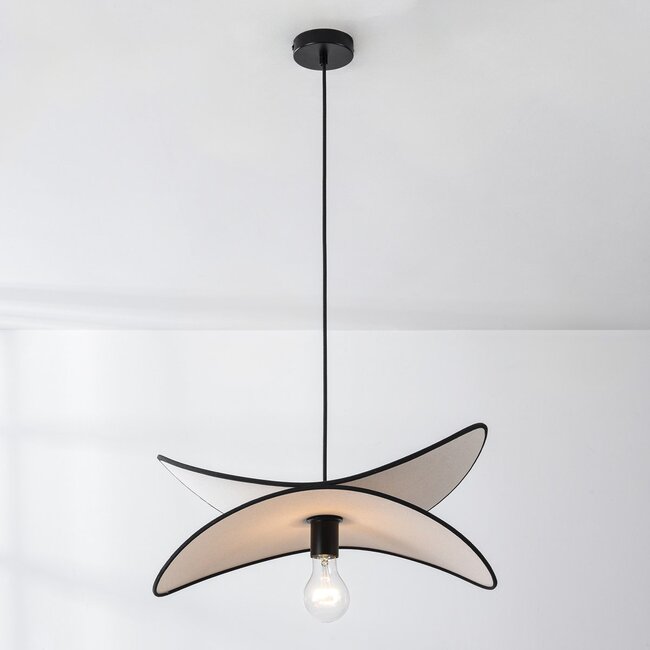 Design-Pendelleuchte Sapca, weißes Leinen mit schwarzen Akzenten