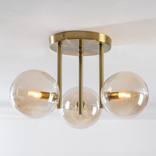 3-Licht-Deckenleuchte Elora Messing mit cognacfarbenem Glas