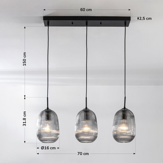 3-flammige Hängelampe Melora - geriffeltes Rauchglas