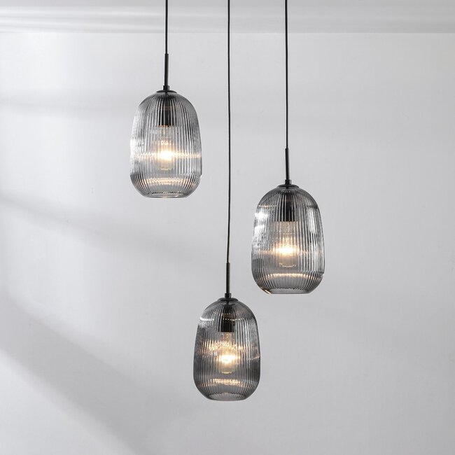 3-flammige Hängelampe Isara - geriffeltes Rauchglas