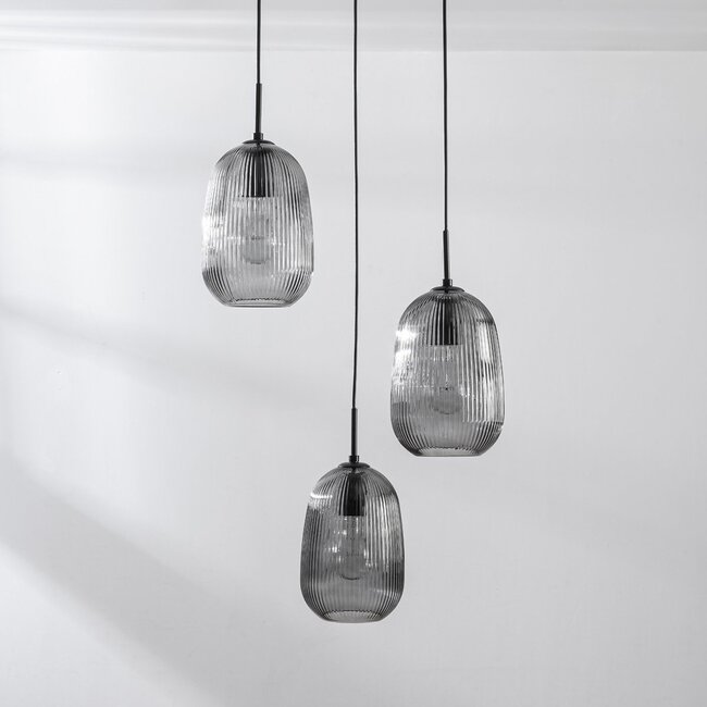 3-flammige Hängelampe Isara - geriffeltes Rauchglas
