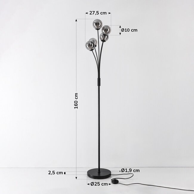 Stehlampe Claire 5-flammig in Schwarz mit Rauchglas