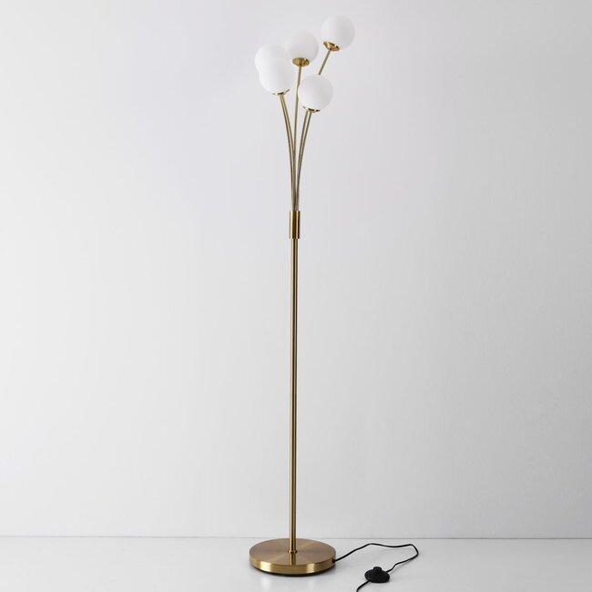 Moderne Stehlampe Claire 5-flammig in Gold mit milchweißem Glas