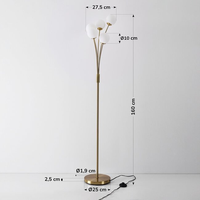 Moderne Stehlampe Claire 5-flammig in Gold mit milchweißem Glas