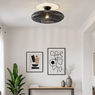 Boho-Chic-Deckenlampe Yuan aus handgeflochtenem Bambus in Schwarz