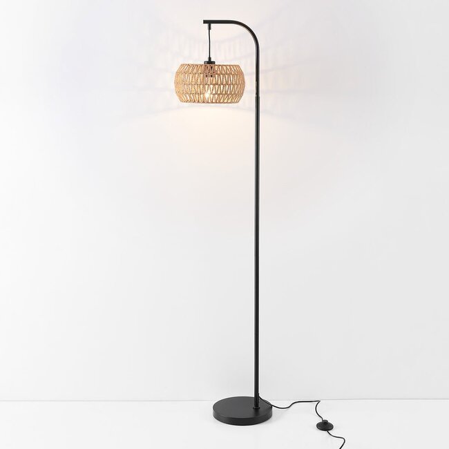 Japandi Stehleuchte Sora schwarz mit naturfarbenem Schirm